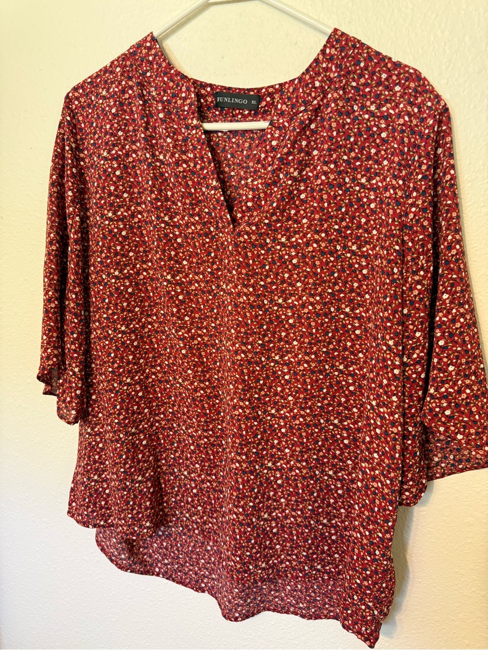 Funlingo Floral V Neck Blouse XL Bell Sleeve Red